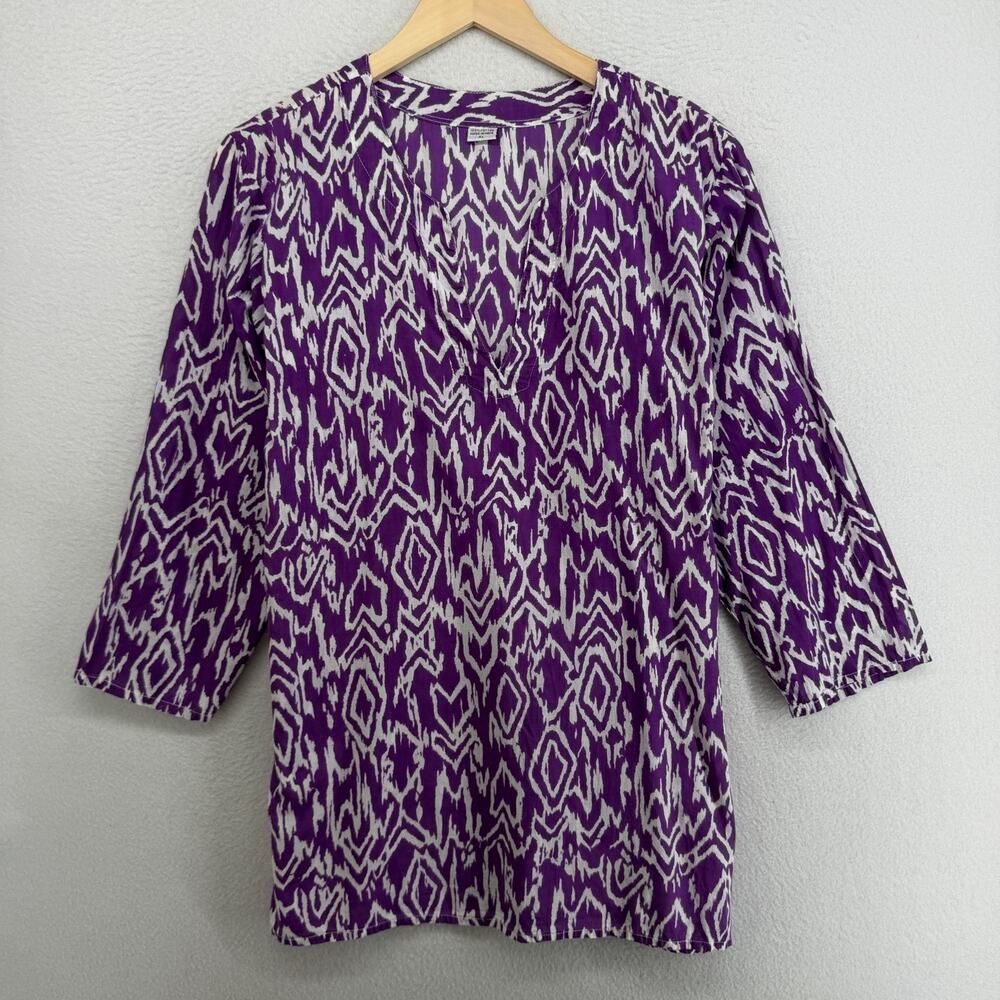 Tunic Womens XL Kurti Ikat Southwestern V-Neck Blouse 3/4 Sleeve Cotton Purple